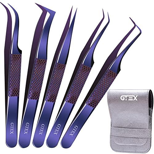 GTEX GTEX Lash Tweezers For Eyelash Extensions Tweezers, Circle Grip - Japanese Steel - Professional Eyelash Tweezers For Extensions, 5 Pack - Purple
