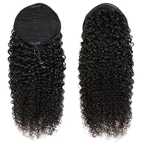Adette Adette 14 Inches Curly Ponytails Human Hair Drawstring Ponytail Extension Afro Kinky Curly Clip in Pony Tail Hair Extensions Hair Pieces for Black Women Natural Black
