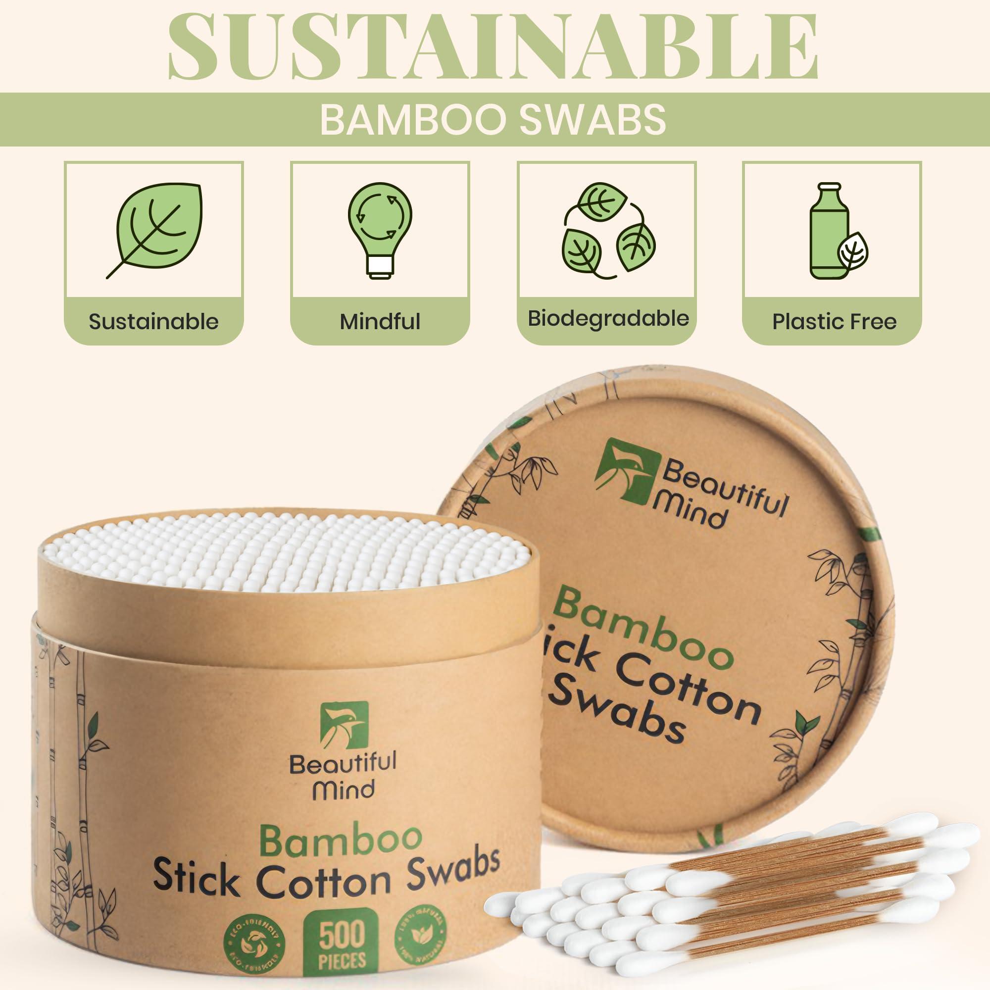 Beautiful Mind Beautiful Mind Bamboo Cotton Swabs for Ears  500 Pack  Qtips with Carbonized Bamboo for Durability  Eco-Friendly, Biodegradable & Vegan  100% Organic Cotton Ear Swabs for Makeup