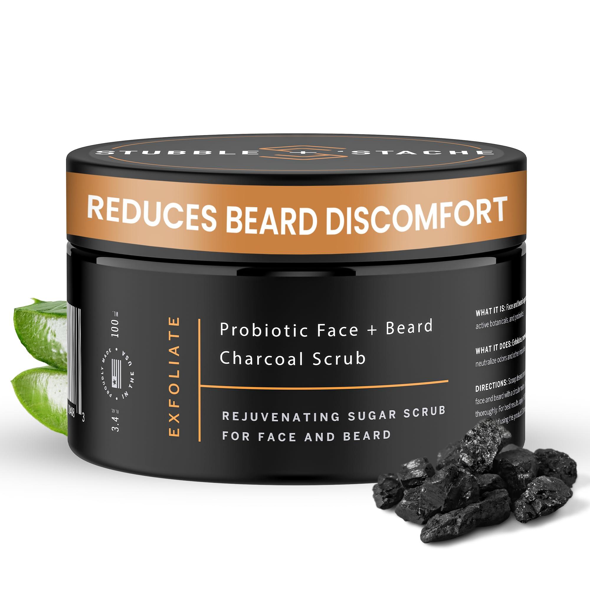 stubble & stache stubble & stache Exfoliating Probiotic Face & Beard Charcoal Sugar Scrub for Men - Deep Cleanse, Pre-Shave Wash, Natural Pore Minimizing Scrub for Daily Use - 3.4 fl oz