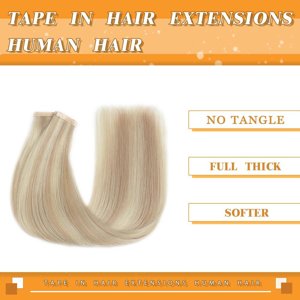 YDDM Tape in Hair Extensions Human Hair, 20pcs 24 Inch Remy Human Hair Tape in Extensions Straight Tape Ins Seamless Tape in Hair Extensions Ash Blonde Highlighted Platinum Blonde(P18K/60#, 24 Inch)