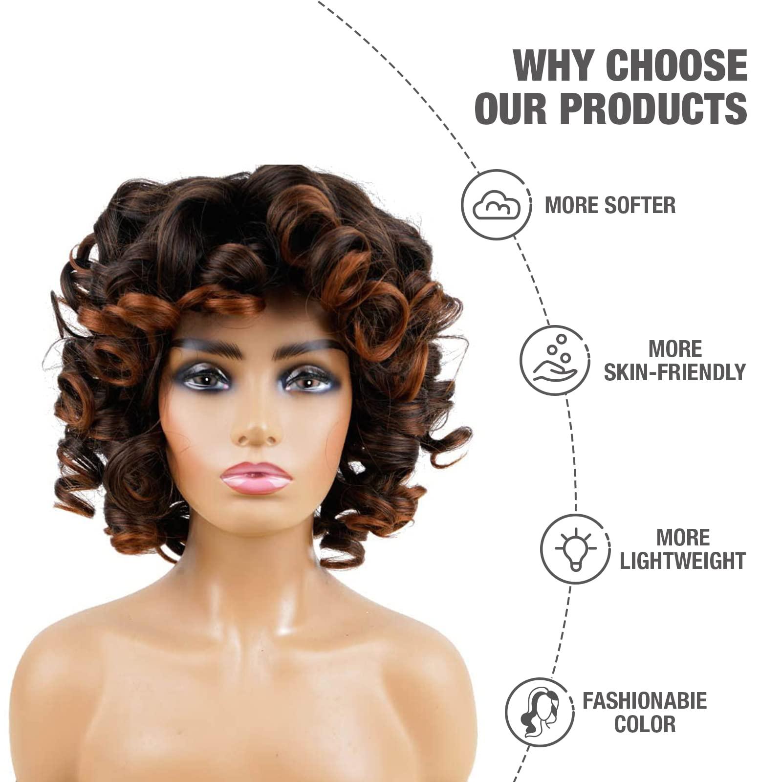 CHANUBITO CHANUBITO Short Curly Afro Wigs for Black Women Hair Wigs 14\" Brown Synthetic Kinky Curly Wig with Bangs Glueless Natural looking Wig for African American Female Big Kinkly Curls