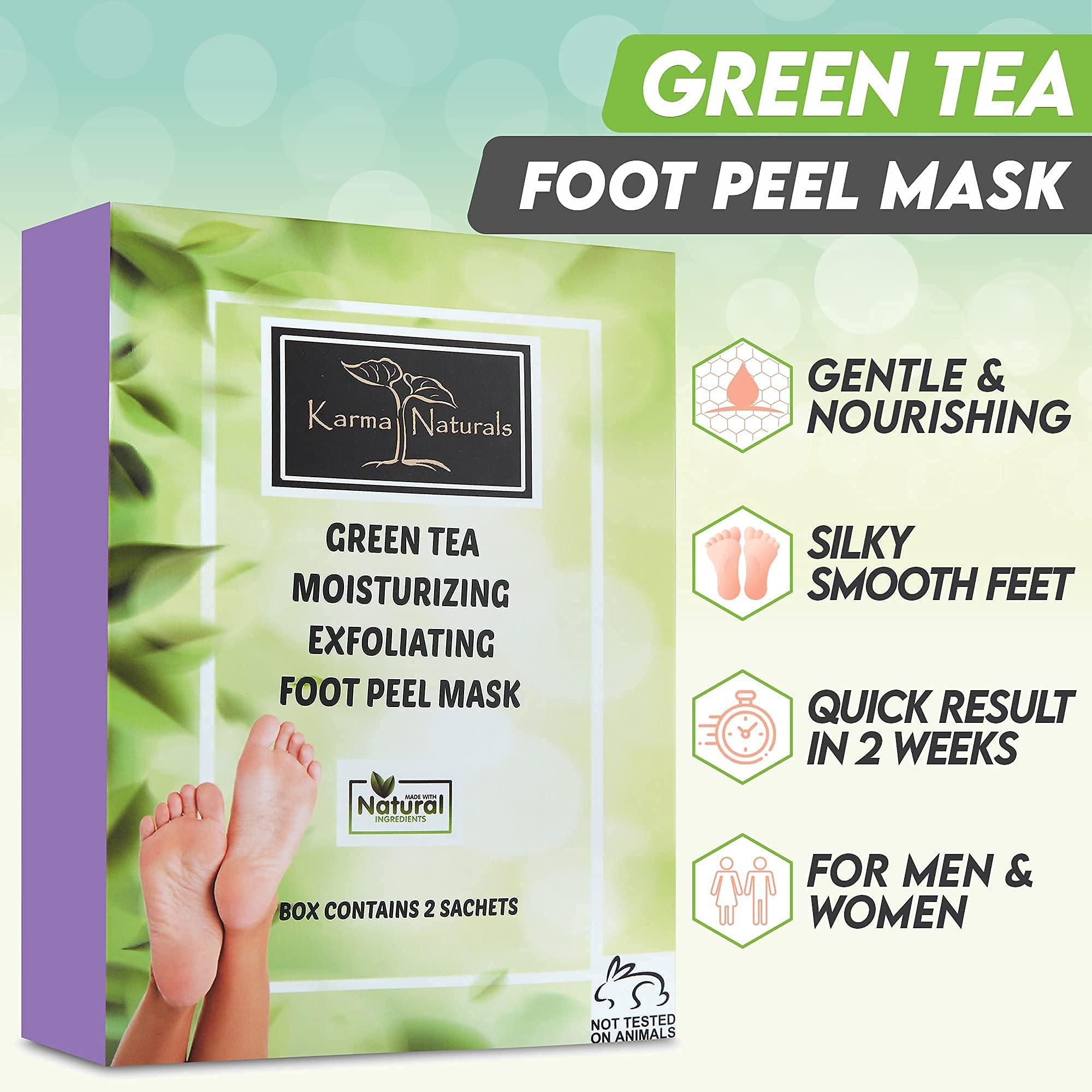 karma organic Foot Peel Mask Green Tea Moisturizing Exfoliating Foot Masks - Karma Organic Feet Peeling Masks for Dry ed Feet, Remove Dead Skin & Calluses - Removes & Repairs Rough Heels, Dry Toe Skin (Pack of 2)