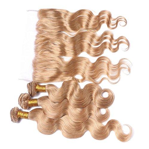 Tony beauty hair Tony Beauty Hair Honey Blonde Full Lace Frontal Closure With Bundles #27 28" 28" 30" 3 Bundles Malaysian Hair Bundles Body Wave And 24" Lace Front Closure Blonde