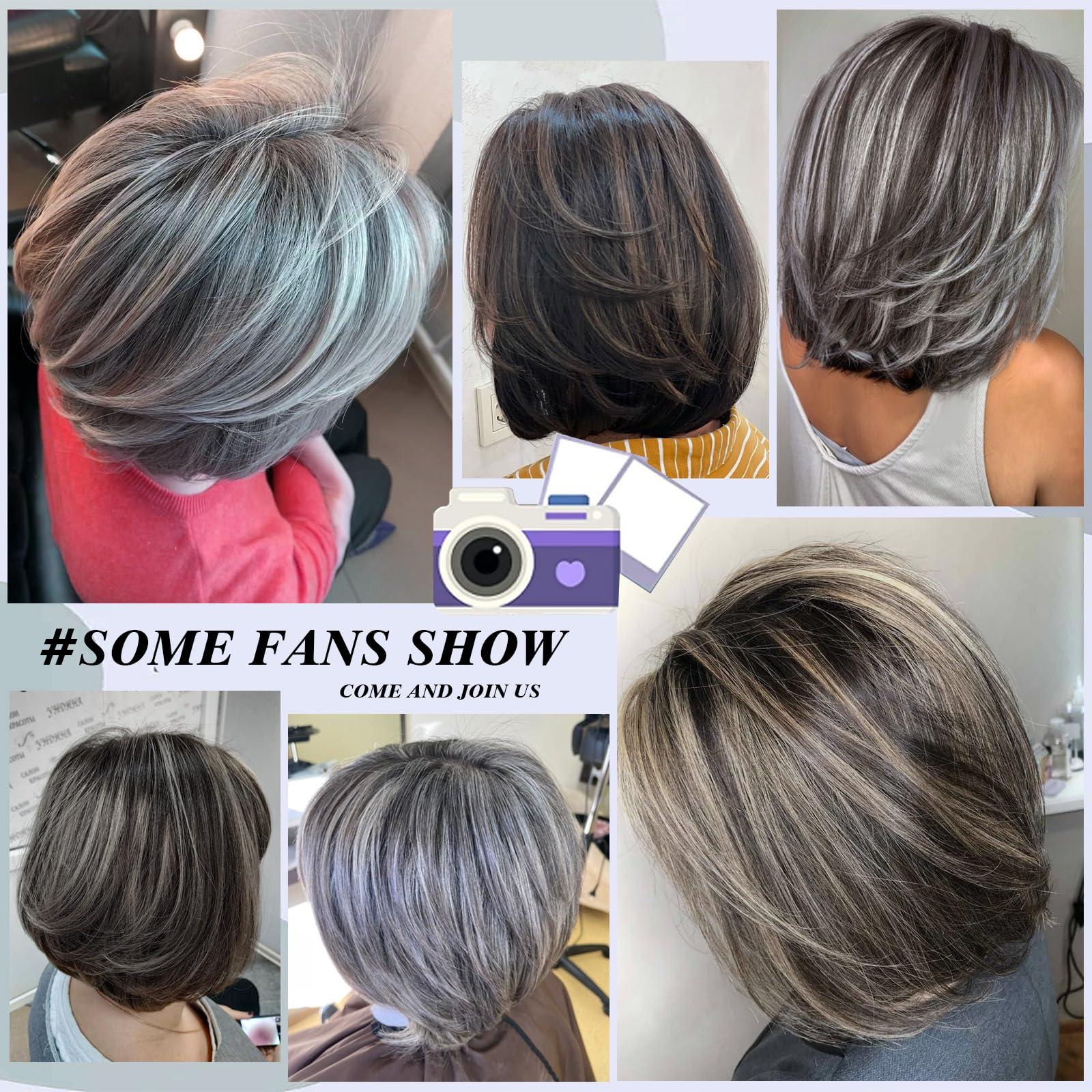 LEOSA LEOSA Short Grey Wig With Curtain Bangs BoB Layered Silver Grey Wigs for Women BOB Layered Wigs Pixie Cut Layered Wig Hair Synthetic Hair Wigs With Daily Use (Grey#)