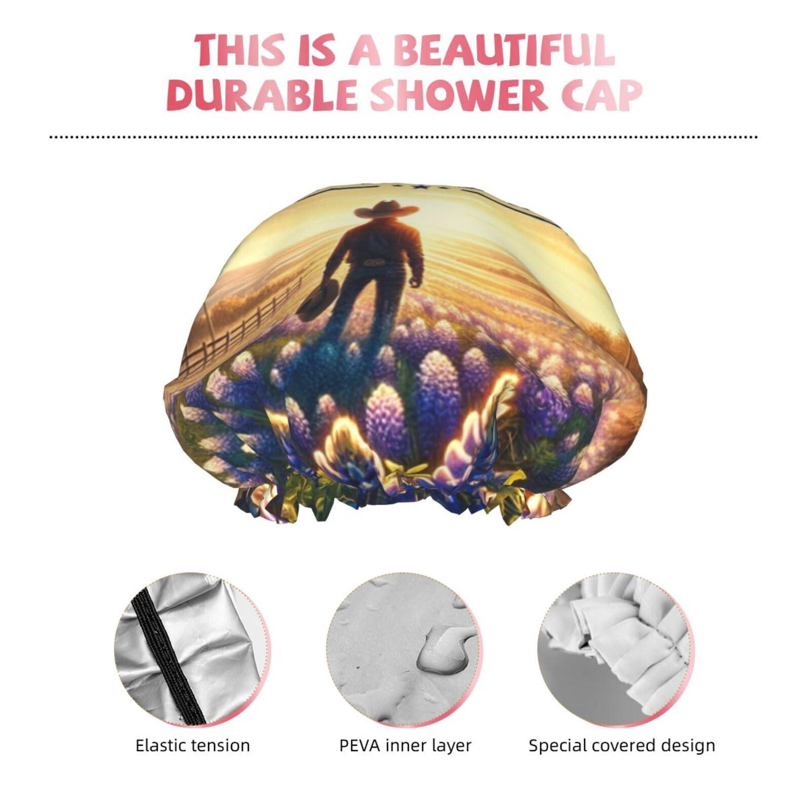 Augenstern Women Reusable Shower Cap Texas-Pride-Star Double Layers Waterproof Elastic Band Bath Hair Hat Stretch Hem Hair Hat