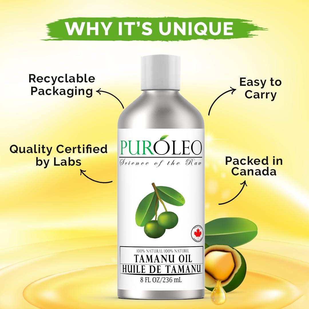PURLEO PUROLEO Tamanu Oil 8 Fl Oz/236 ML (Packed In Canada) 100% Pure Certified | Natural Cold Pressed Unrefined Oil for Hair & Face Premium packaging with Eye Dropper tamanu oil for face skin virgin