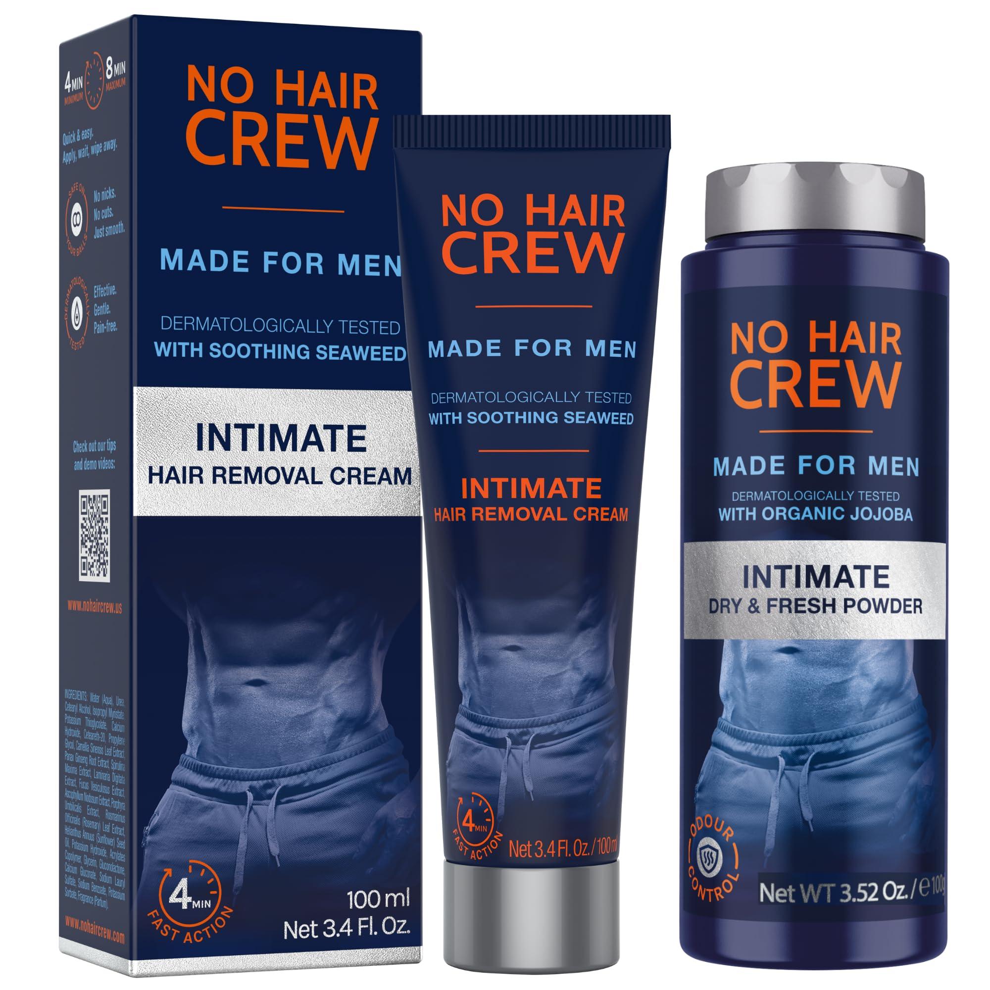 NO HAIR CREW No Hair Crew | Intimate Bundle | Includes Hair Removal Depilatory Cream for Men and Dry & Fresh Body Powder for Sweat and Odor Control