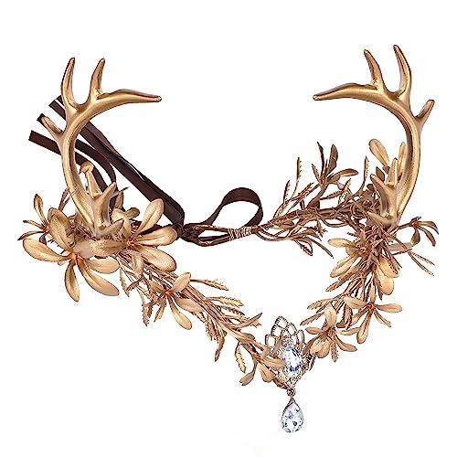 MOSTORY MOSTORY Gold Fairy Antler Crown - Woodland Flower Deer Horns Headpiece Elf Forest Ciecle for Women Renaissance Cosplay Ren Faire Outfit Hallween Costume