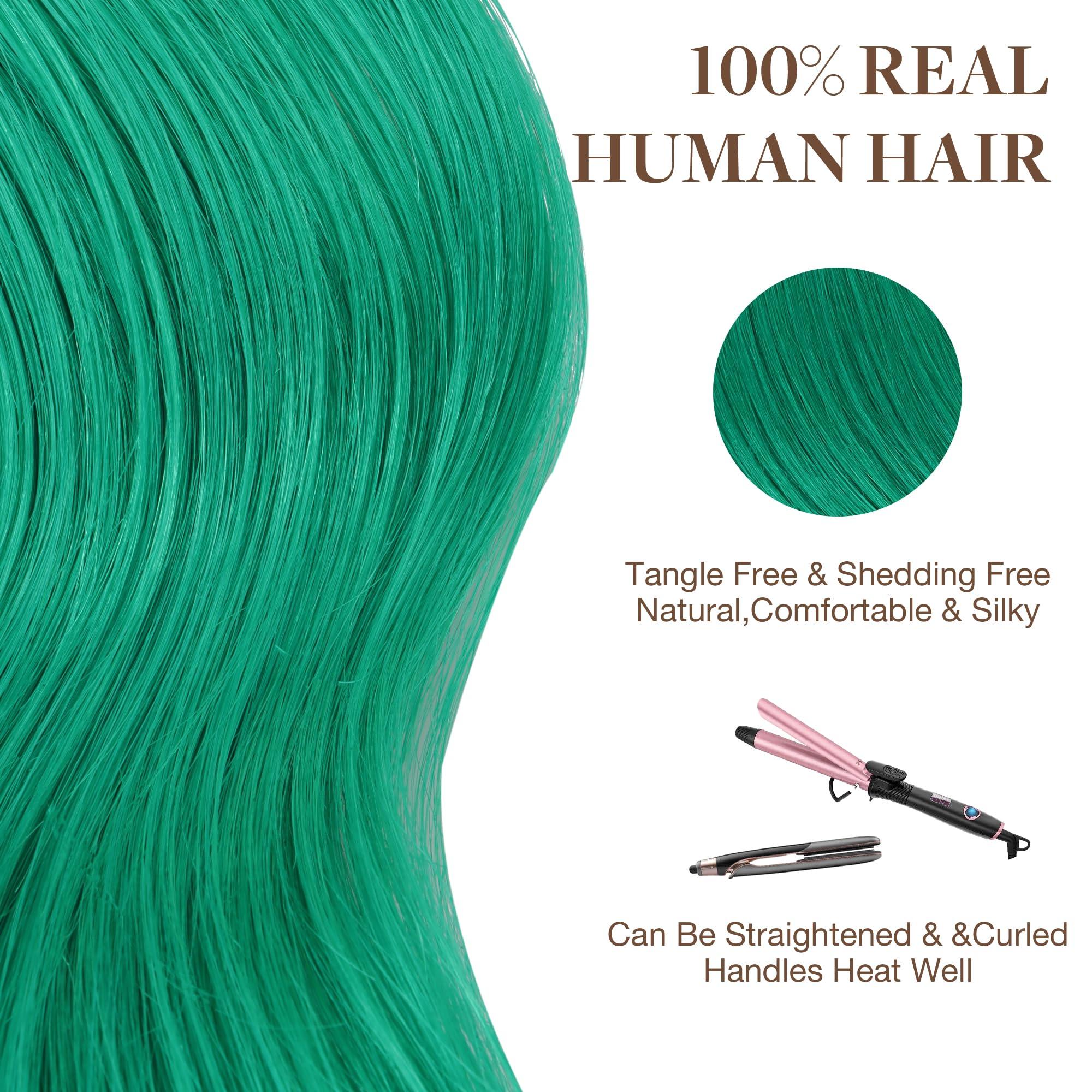 GOO GOO GOO GOO Tape in Hair Extensions Human Hair, Green, 14inch 25g 10pcs, Colored Tape ins Human Hair Extensions, Silky&Soft Invisible Tape Ins, Hair Highlighted for Party