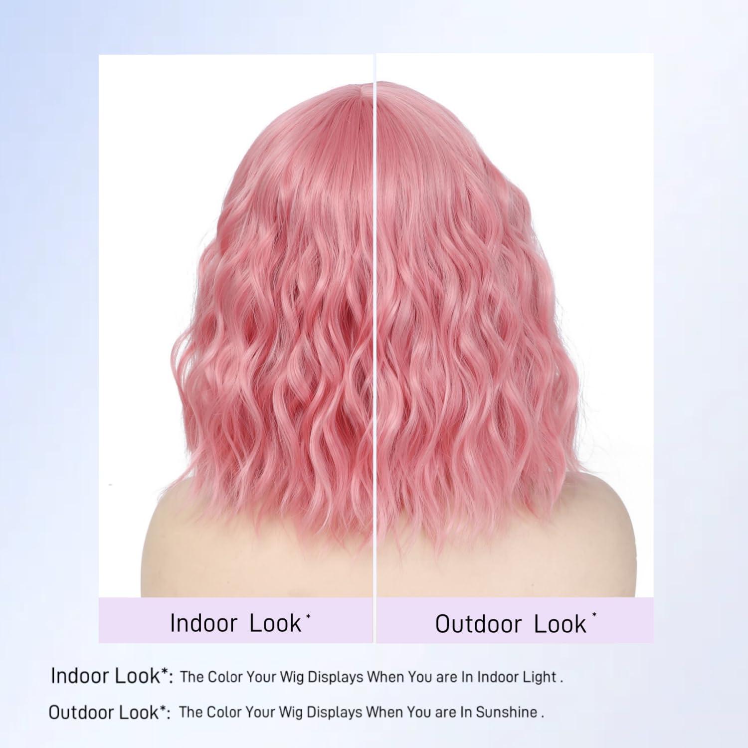 VOLLIUKE VOLLIUKE Short Pink Bob Wavy Wig with Bangs for Women Shoulder Length Women\'s Charming Synthetic Wigs with Natural Wavy Pink Heat Resistant Fiber Wig for Daily Party Use