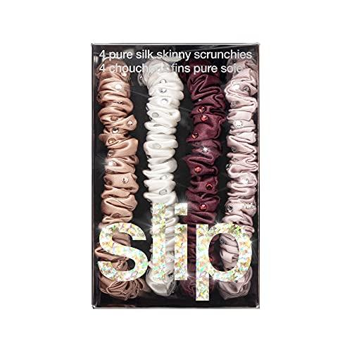 SLIP Slip Silk Crystal Skinnie Scrunchies in Manhattan Nights - 100% Pure 22 Momme Mulberry Silk Scrunchies for Women - Hair-Friendly Silk Scrunchies - Luxurious Elastic Hair Scrunchie Set (4 Scrunchies)
