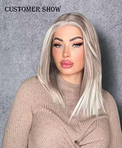 vedar vedar Ombre White Blonde Bob Wigs, Synthetic Hair Short Blonde Lace Front Wig with Highlight, Short Bob Wigs for Women, 12 inch VEDAR-096