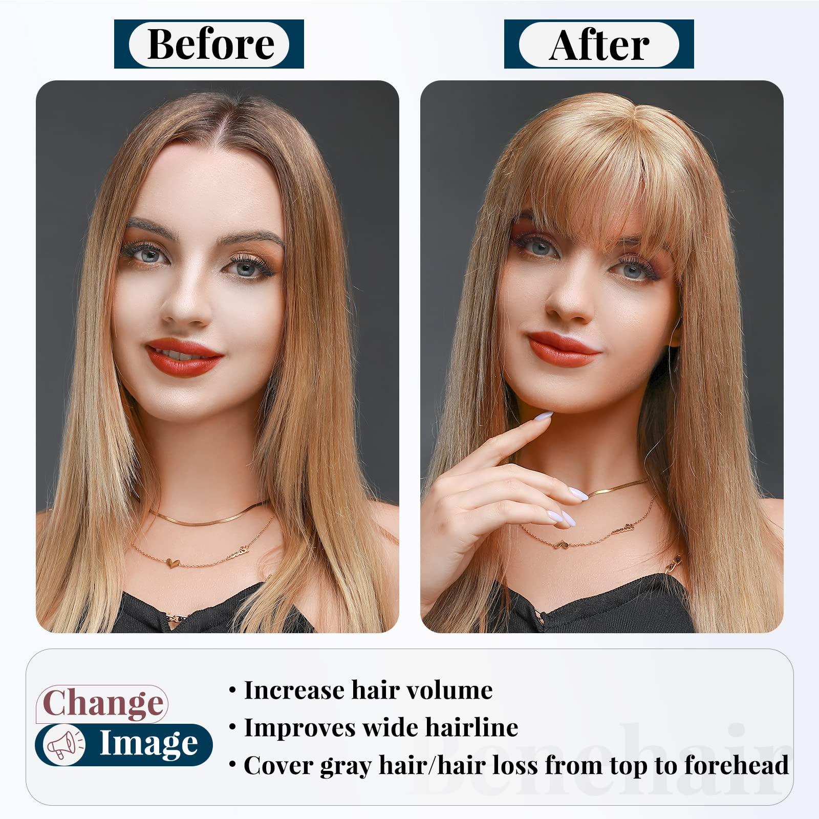 Benehair Benehair Clip in Hair Topper with Bangs Secret Topper Wiglet 100% Human Hair Clip in Top Hairpieces Fringe Bang Replacement Wiglet for Womem with Thinning Hair #27 Dark Blonde 10inch 33g