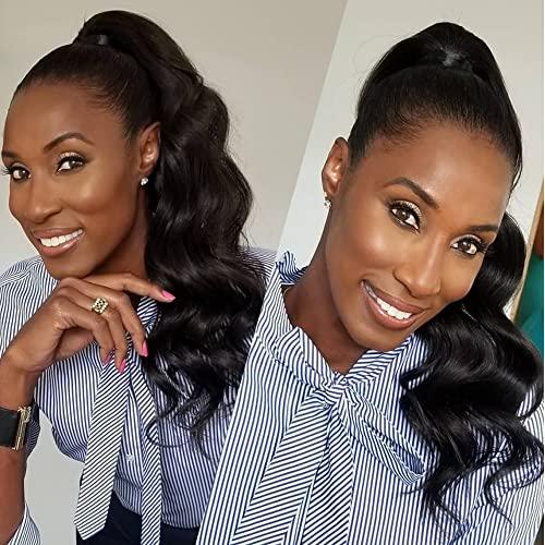 YePei Natural Black Body Wave Real Human Hair Ponytail Extension for Black Women Wrap Around Long Clip in Wavy Pony Tail Hair Piece Extensions Remy Hair (18 inch 120g, body wave ponytail)