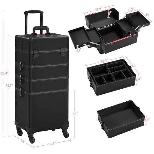 Yaheetech Yaheetech 4 in 1 Professional Makeup Train Case Aluminum Cosmetic Case Rolling Makeup Case Extra Large Trolley Makeup Travel Organizer, with 360 Swivel Wheels, Black