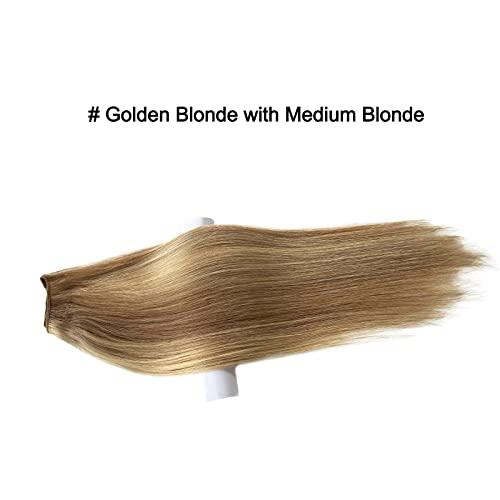 Munx Highlight Sew in Weave Bundles Golden Blonde with Medium Blonde Highlights Natural Seamless Brazilian Remy Hair Weave Bundles Double Weft Full Head (22inch #16p22 120g)