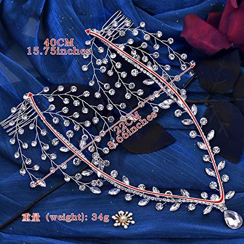 Generic Rannyrena Bridal Rhinestone Headband with Side Combs Sparkling Crystal Forehead Teardrop Head Chain Wedding Hair Accessories for Women (Silver)