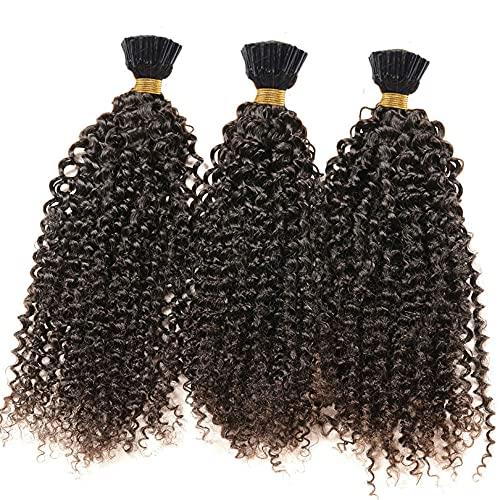 RJ HAIR Pre Bonded I Tip Hair Extensions Malaysian Kinky Curly Human Hair Extension Micro-link I Tip Curly Hair For Salon (16inch 100strand, 1 Jet black)
