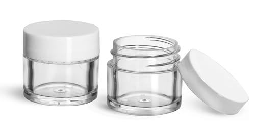 SKS Bottle & Packaging, Inc. 144 Count Empty Plastic Jars with Lids, 1/4 oz Clear Styrene Thick Wall Jars with Lined White Plastic Caps, Small Plastic Jars for Beauty Products, Cosmetics, Lip Balm, Creams, Skin Care, Crafts
