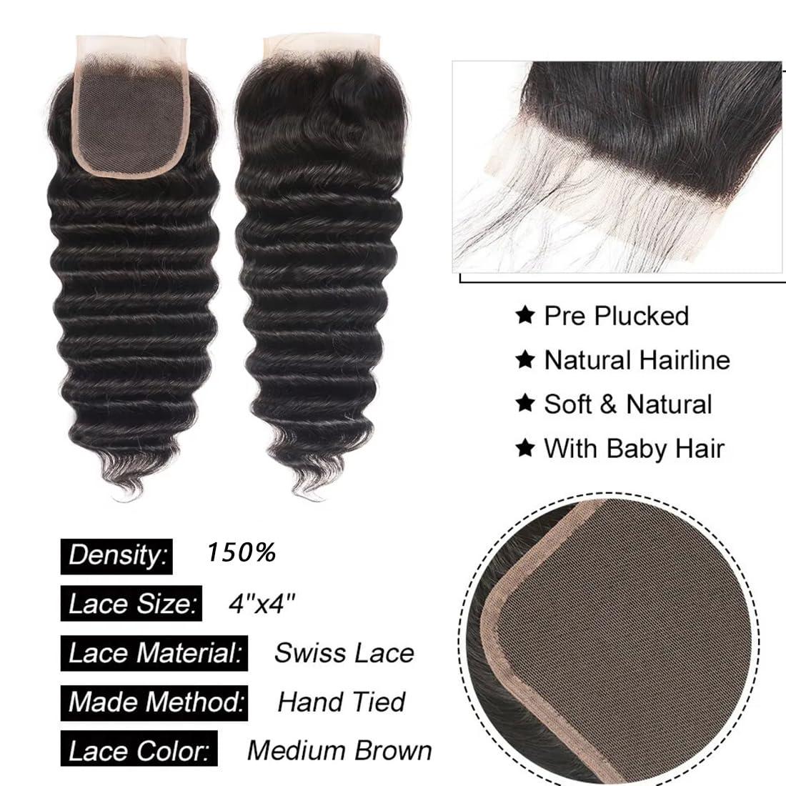 Taziza Loose Deep Wave Bundles with Closure Human Hair(24 26 28+22 Inch,Free Part) Pre Plucked with Baby Hair 12A Loose Wave Bundles with 4X4 Closure Raw Human Hair Loose Deep Curly Bundles and Closure