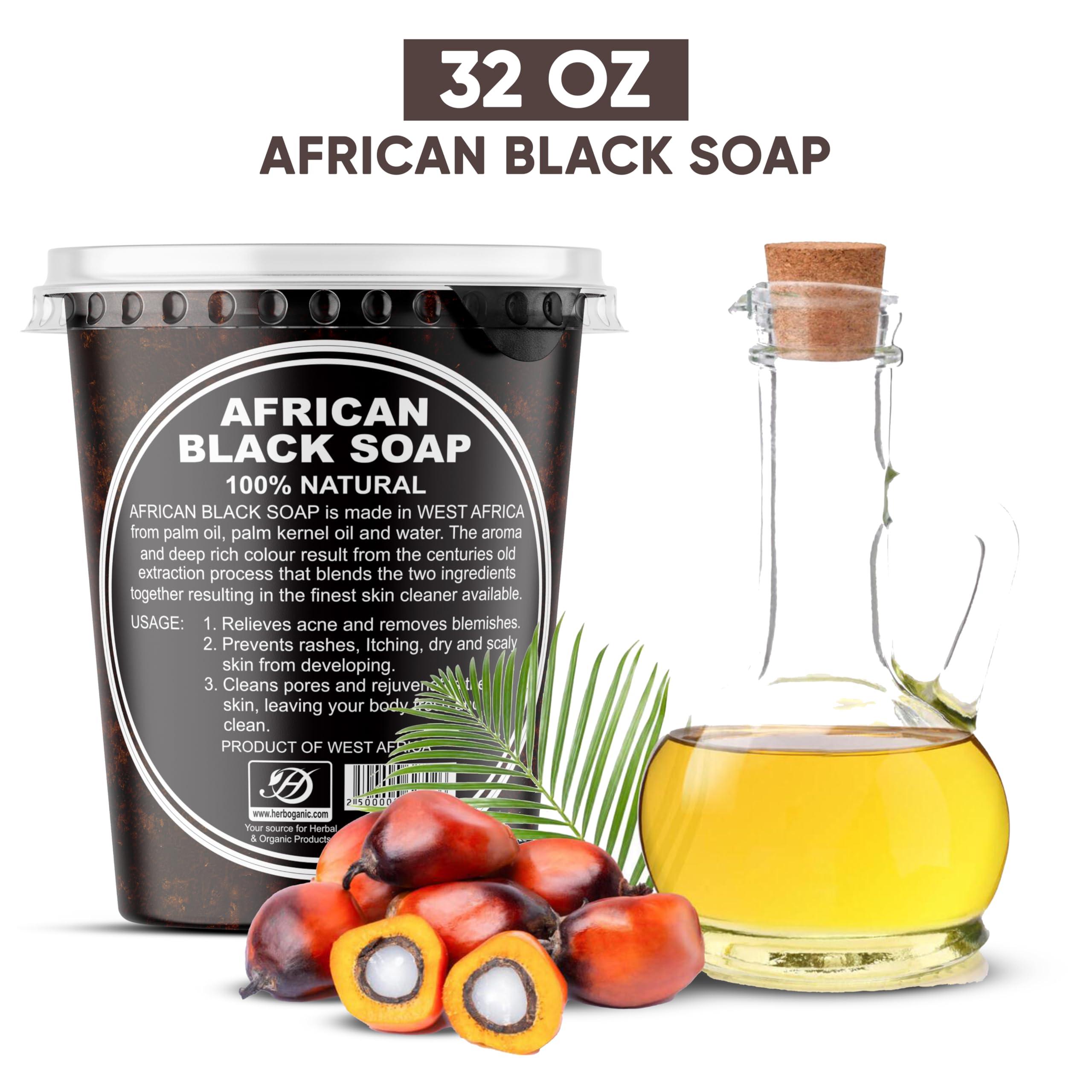 HERBOGANIC HERBOGANIC Raw African Black Soap Paste 32 oz - 100% pure natural Product of Ghana with benefits of Shea Butter - black soap is great for acne, Eczema, blackheads, face, hair and body wash.