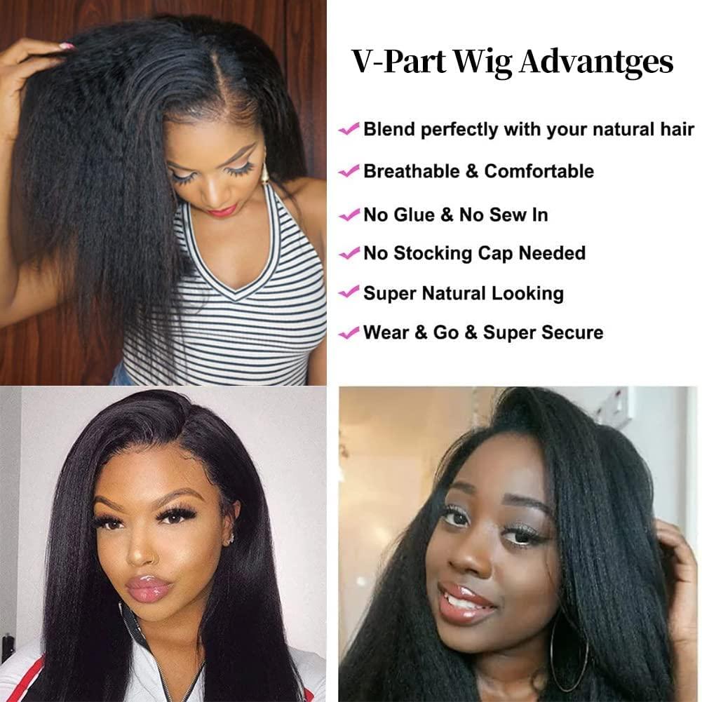 LOVFIR Kinky Straight V Part Wig Human Hair for Women 180% Density Brazilian Virgin Yaki Straight V Part Wig Human Hair Glueless V Shape Wigs No Leave Out Thin Part Wig Upgrade U Part Wig Human Hair 30 Inch