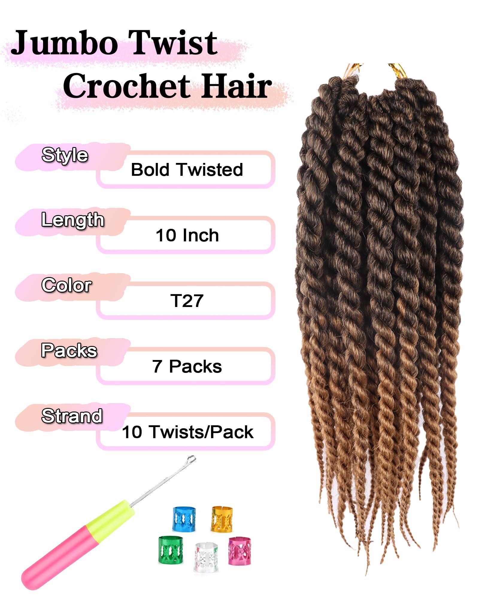 QANSFA 10 Inch Jumbo Braids Crochet Hair Short Havana Twist Crochet Hair for Black Women 7 Packs Crochet Senegalese Twist 2 Strand Twists Crochet Braids (10 Inch,T27-Black to Honey Blonde)