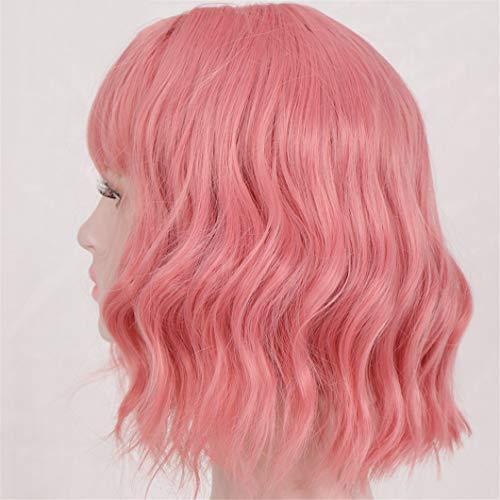 SSJFZM Pink Wig Short Bob Wig With Bangs Cosplay Water Wave Hair Wigs For Women American Style Synthetic Wig T3930 14inches