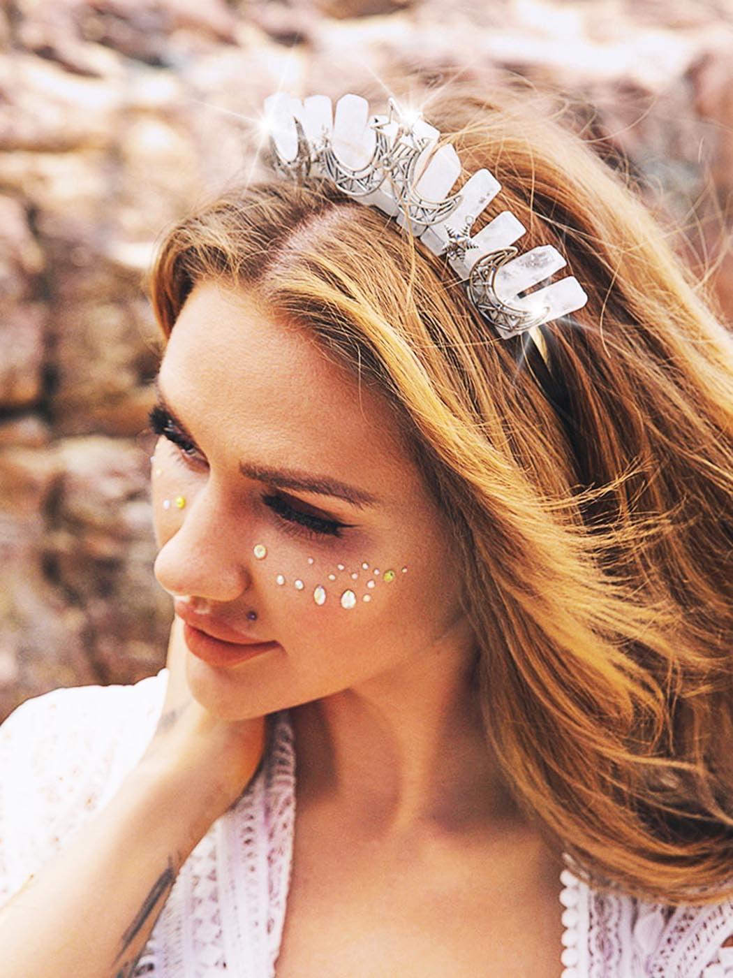 Formery Formery Star White Quartz Headband Silver Crescent Moon Natural Stone Crown Hairband Halloween Cosplay Wedding Crystal Tiara Headpiece for Women