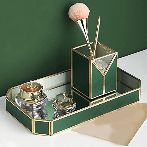 CLoxks Makeup Organizer Light Luxury Retro Leather Glass Mirror Tray Headdress Perfume Dressing Table Bedside Table Desktop Cosmetic Storage Tray Cosmetics Storage Box