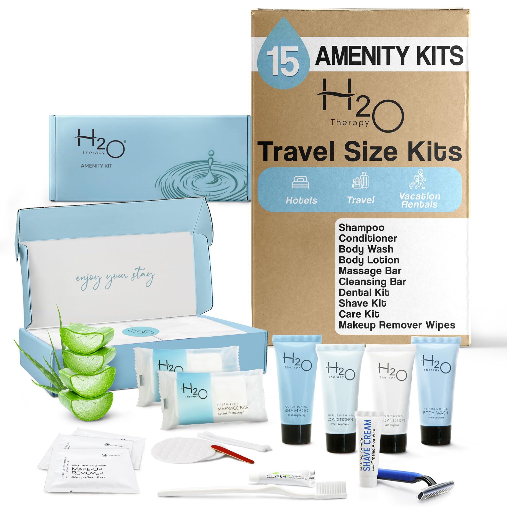 H2O Therapy H2O Therapy Amenity & Accessory Kit | 0.85 oz Travel Size Shampoo, Conditioner, Lotion, Body Wash, Massage Bar, Cleansing Bar, Shave & Dental Sets, Make-Up Remover Wipes, & Vanity Kit | 15 sets/case
