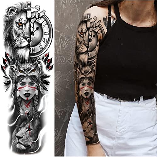 Briyhose Briyhose Lion Wolf Temporary Tattoo Sleeve, Large Full Arm Animal Tribal Fake Tattoos Sleeve For Men Women Adult, Long Lasting Black Arm Temp Tatoo Sticker Leg Body Art Makeup, 4-Sheet