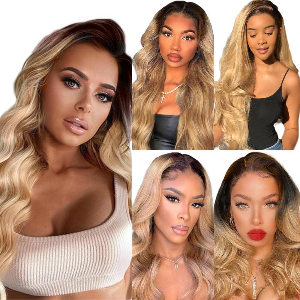 GveoXvo T4/27 Human Hair Bundles - Blonde Body Wave, Peruvian Grade 8A Virgin Hair, Mixed Length 20-24 Inch, 2 Tone Brown & Honey Blonde, 300g