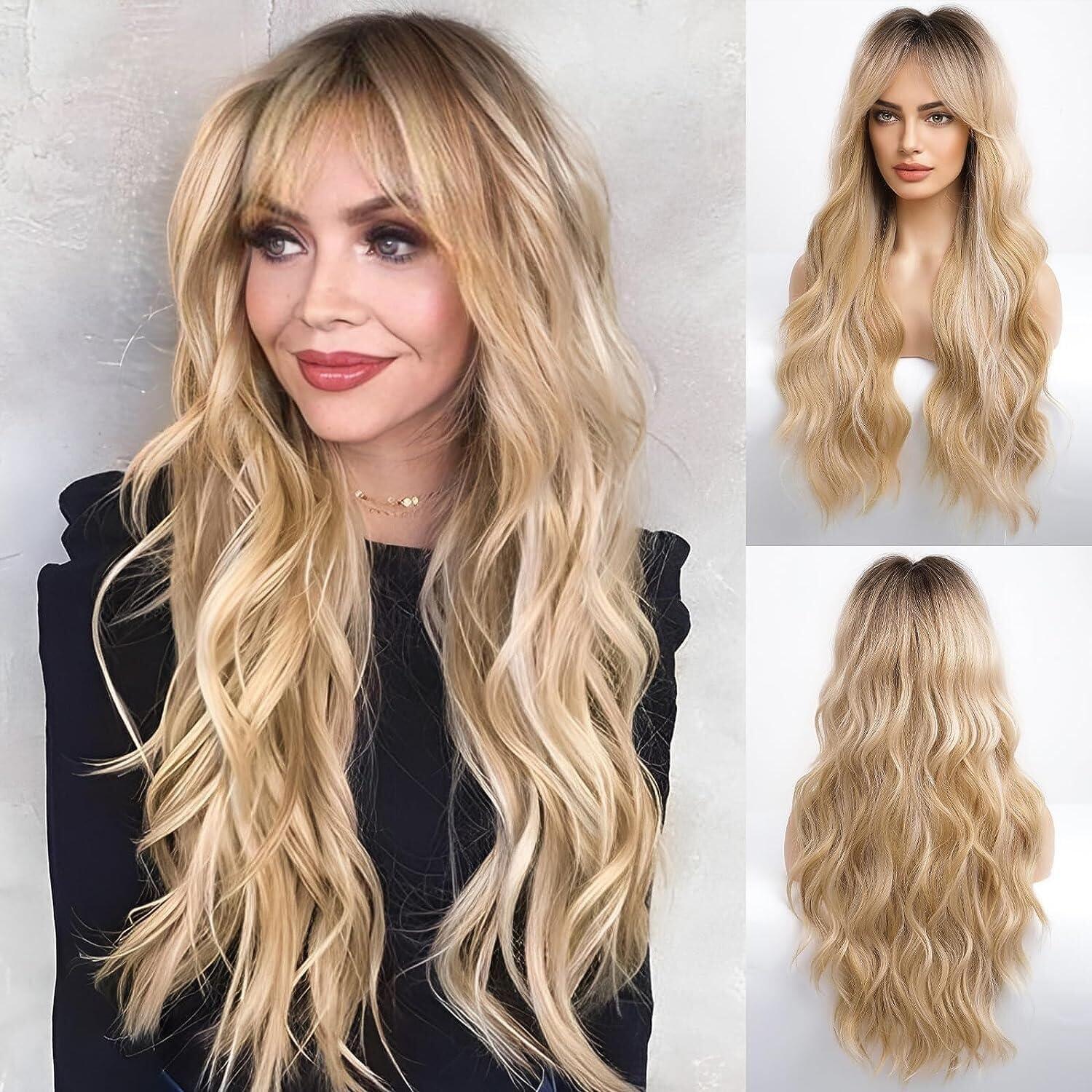 HAIRCUBE HAIRCUBE Blonde Long Curly Wig with Bangs Dark Root Highlight Natural Appearance Heat-Resistant Synthetic Wig Suitable for Fashionable Women 25Inch