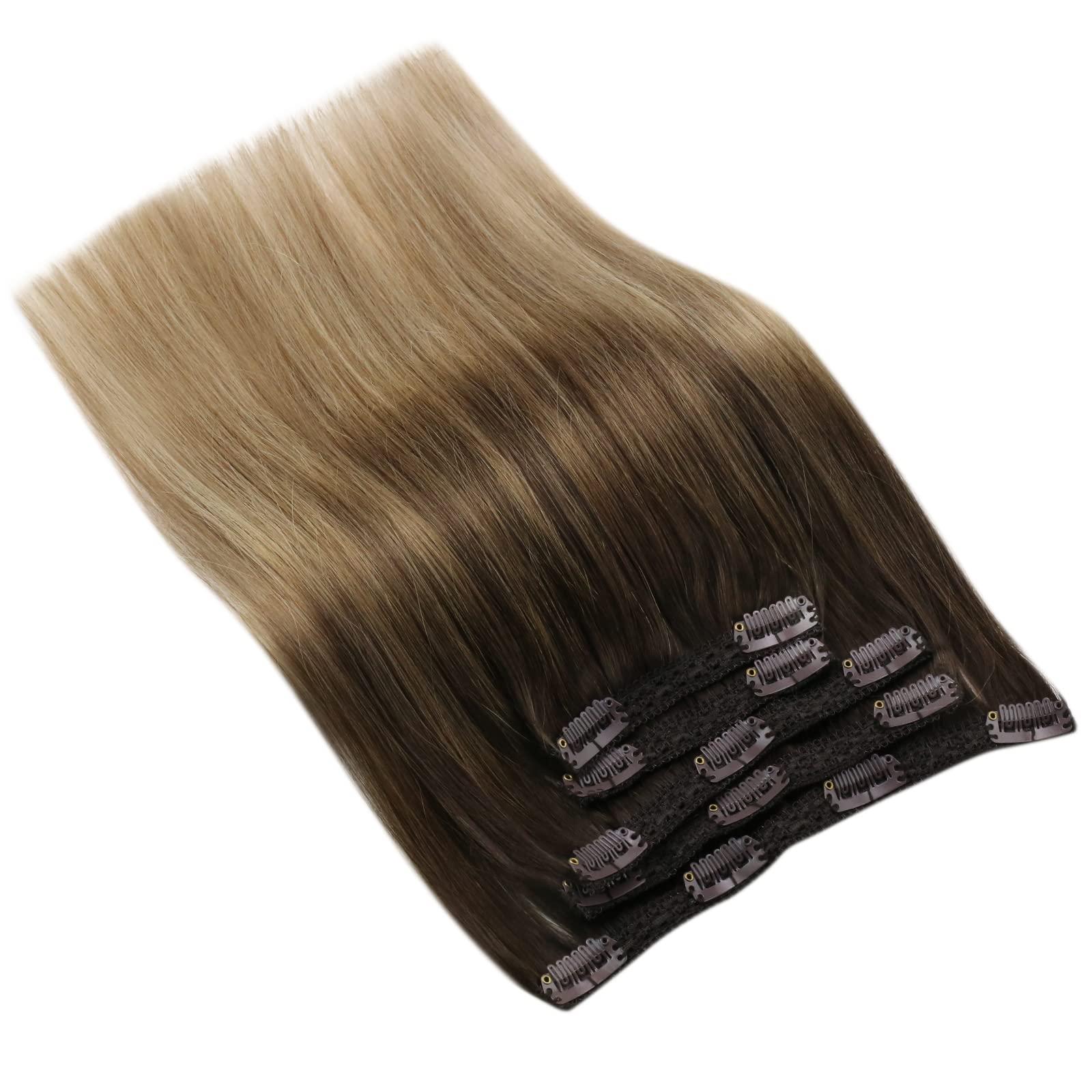 Sunny Hair Sunny Hair Clip in Hair Extensions Straight Human Hair Clip in Extensions Remy Clip in Hair Extensions Real Human Hair Extensions Clip ins Full Head Dark Brown Roots to Ash Blonde 20inch