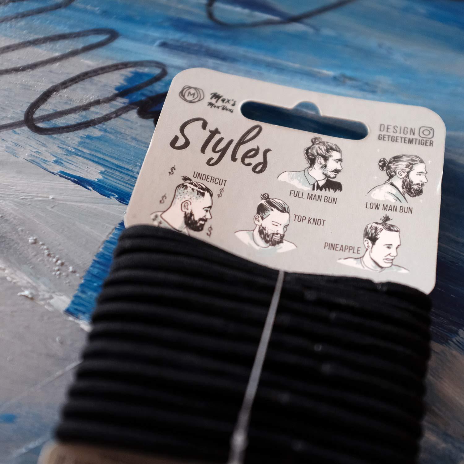 Max's Man Bun Ties No Tangle, No Damage Soft Hair Elastics, Supports 7-8 Pounds of Hair, Metal Free - 12 Pack 4mm Strong Man Bun hair Ties Black Bands