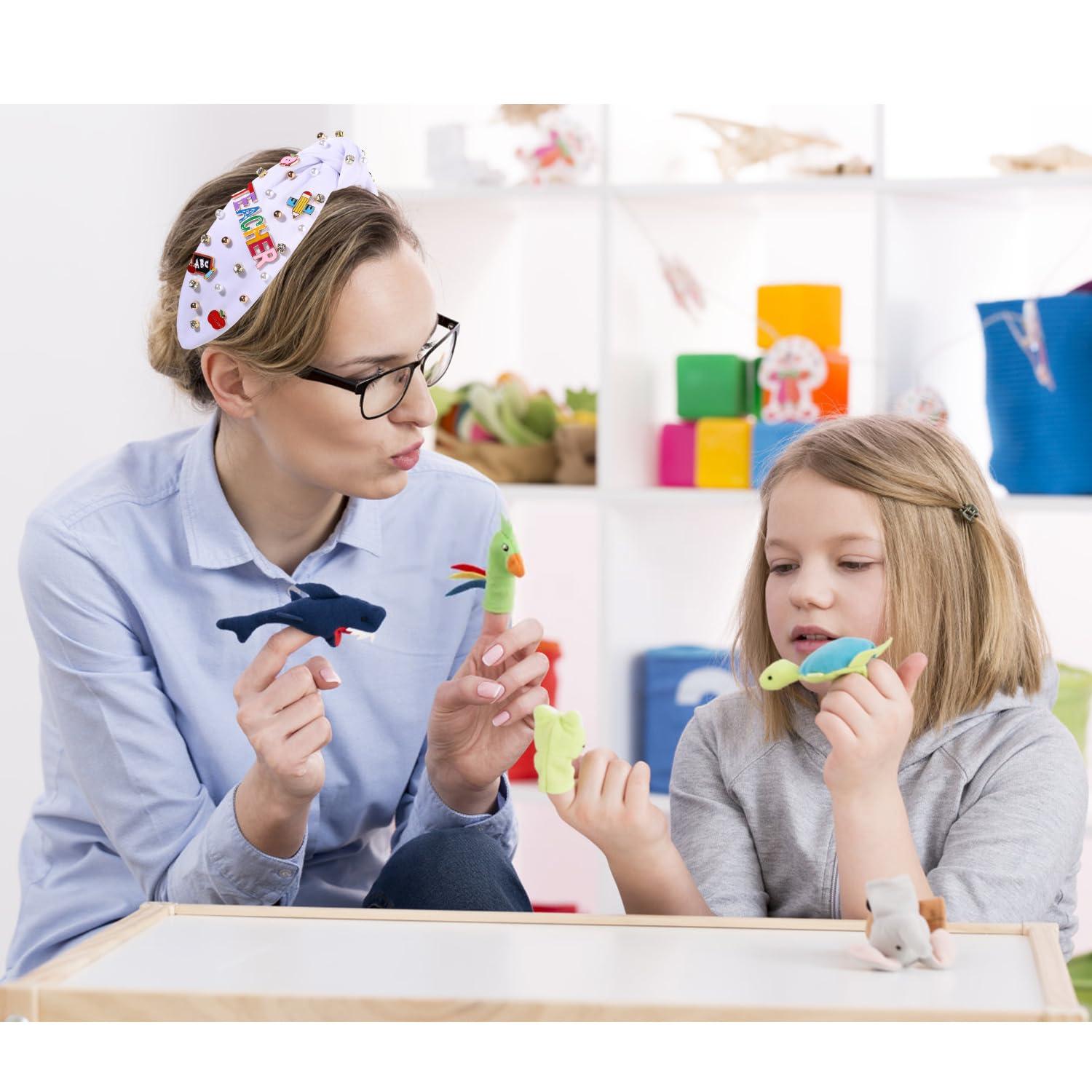 CEALXHENY Teacher Headband, Teacher Accessories, Crystal Pearl Knotted Headband for Women Cute Book Pencil Teach Charms Embellished Jeweled Top Knot Headband, Teacher Appreciation Gifts (Pattern G)