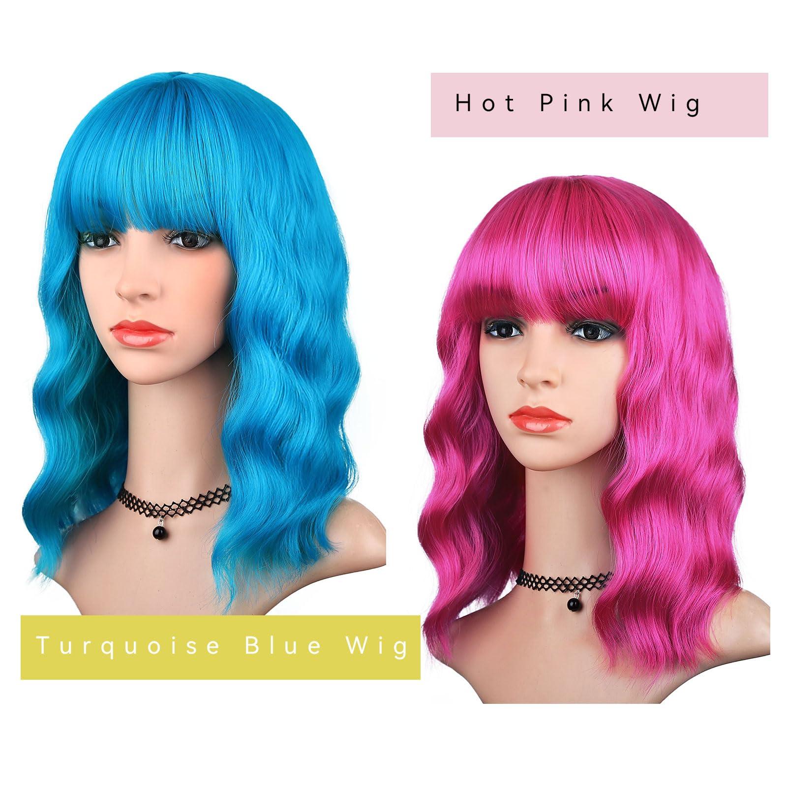 HAIRUP HAIRUP hot pink wig and teal wig with bangs for women