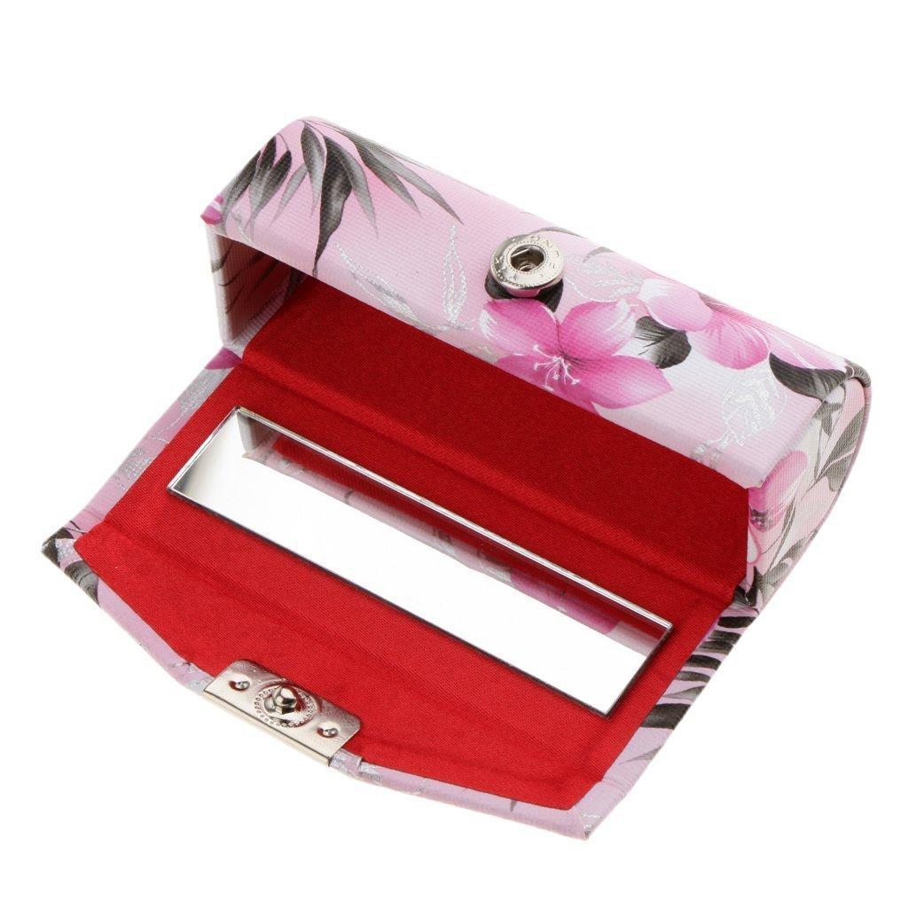 Generic SGerste Leather Lipstick Case Holder With Mirror,Chinese Traditional Flower Design Makeup Jewelry Holder Box Lip Balm Carry Case Travel - Light Pink, as described