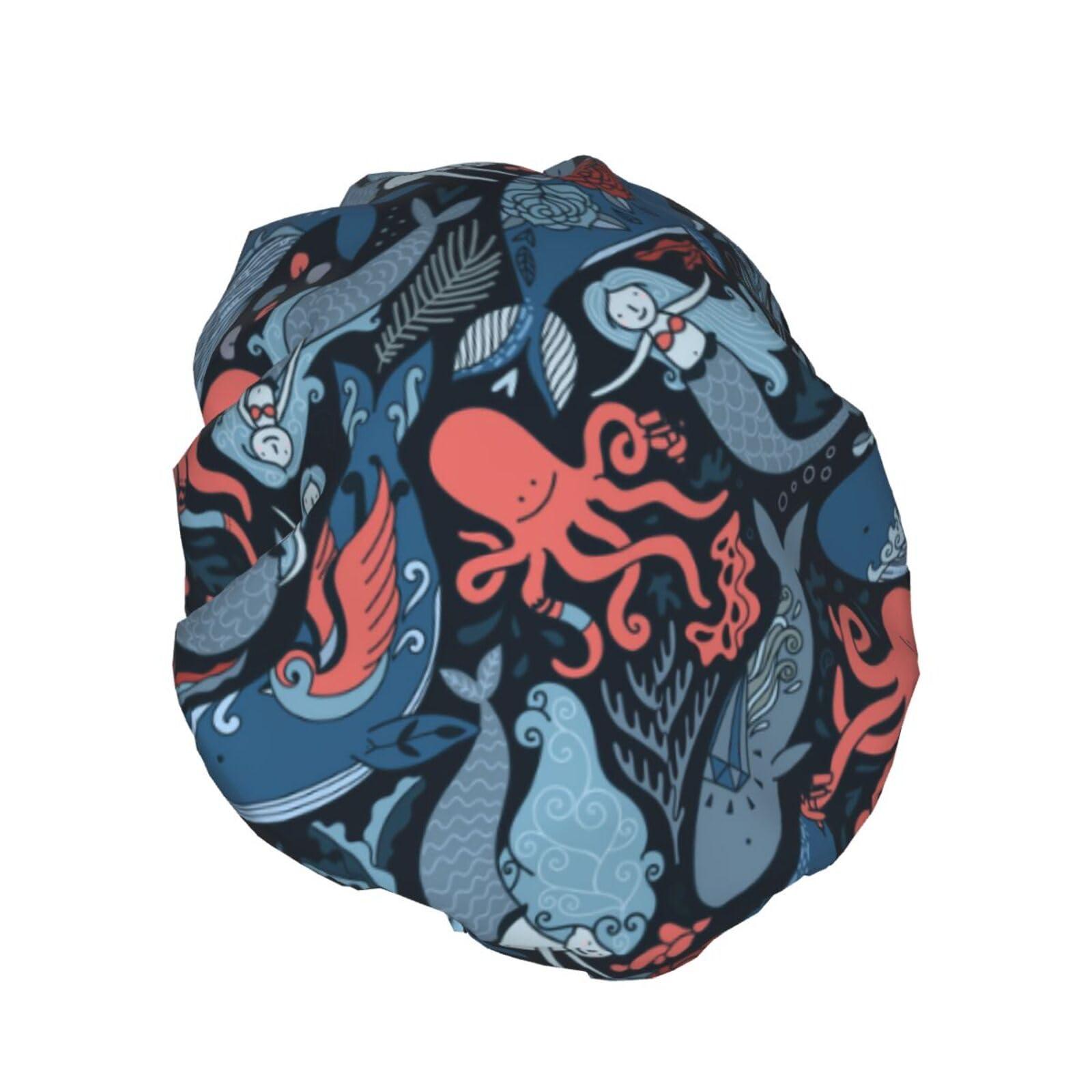PAILON Octopus Sharks Whales Large Shower Cap For Women Men Reusable Shower Caps Waterproof Shower Cap For Braids & Long Hair shower bonnet with PEVA lined&Elastic Band Fashion showercap