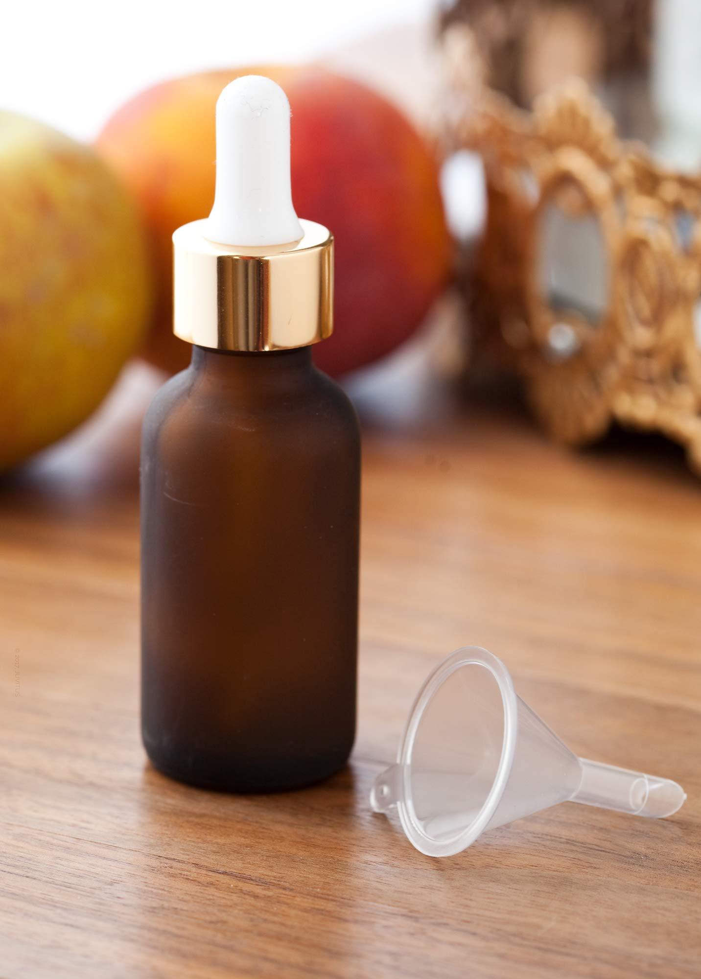 JUVITUS JUVITUS 1 oz / 30 ml Frosted Amber Glass Boston Round Bottle with Gold Metal and Glass Dropper (6 pack) + Funnel
