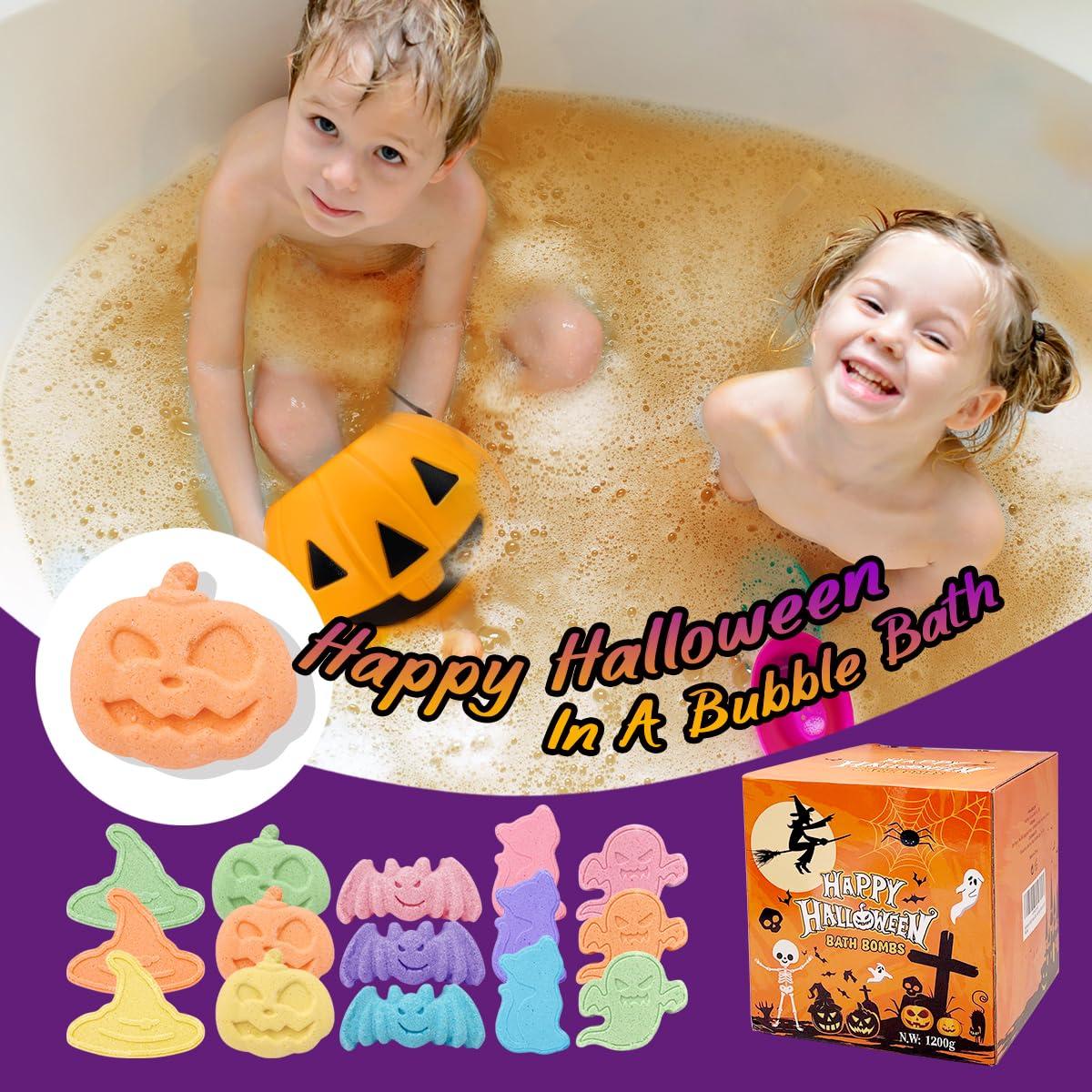 NJSTARC 15 Count Halloween Bath Bombs with Pumpkin Bucket, Halloween Spooky Bath Bombs for Kids, Adorable Hallowen Trick o Treat Party Favors for Kids
