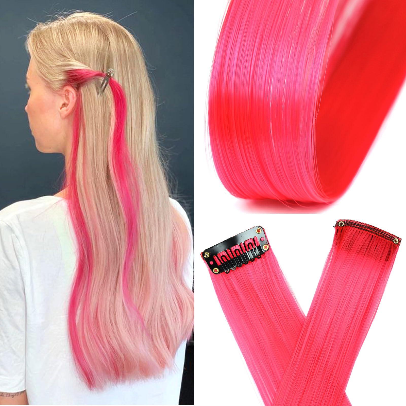 NOTICEME Clip In Hot Pink Hair Extensions for Women Girls Kids, Colored Hair Extensions, 10pcs, 22in, Synthetic Fibre