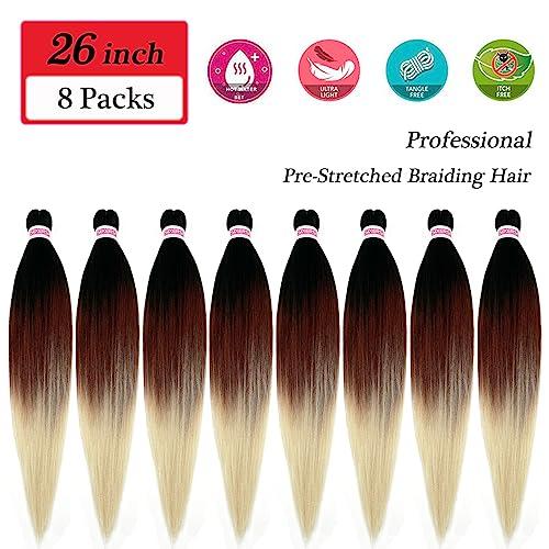 SIXERSI Blonde Ombre Braiding Hair Pre Stretched Kanekalon Prestretched Braiding Hair Ombre 1b to Brown Blonde Colored Hair Extensions for Braiding 26 Inch 8 Packs Micro Soft Long Jumbo Braiding Hair