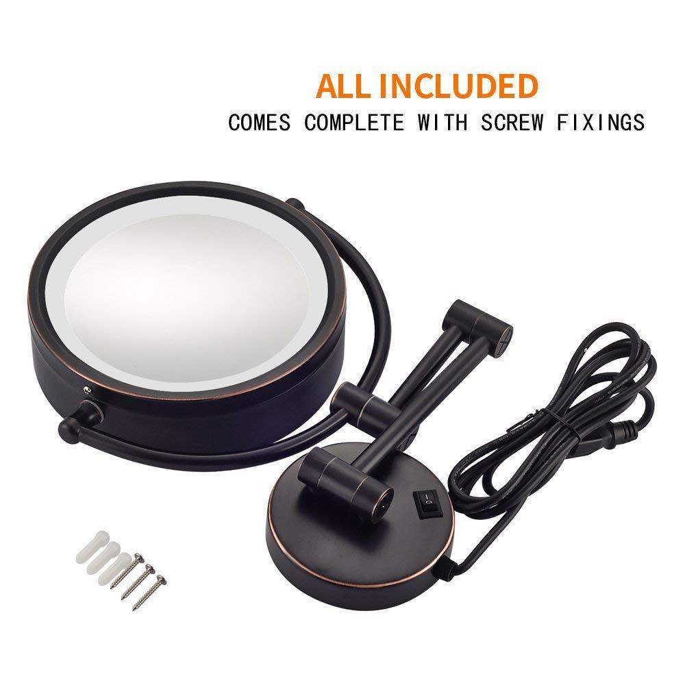 RomildaYuan RomildaYuan Wall Mount Makeup Mirror 5X Magnifcation with Lights, Wall Mount Vanity Mirror Oil Rubbed Bronze, Double Sided Bathroom Magnifying Mirror LED Lighted with Plug, 8.5 Inch, Brass