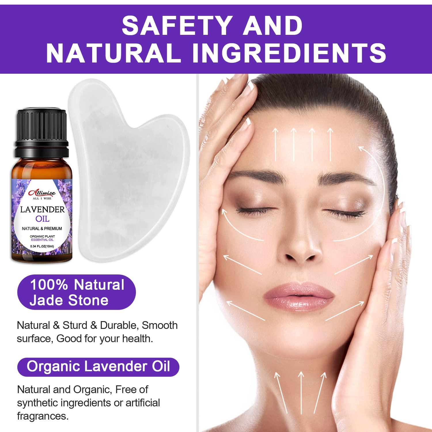 Alliwise Gua Sha Facial Tools & Lavender Oil Skin Care Massage Sets, Natural Jade Gua Sha Stone for Reduces Puffiness and Fine Lines, Face Oil for GuaSha, Skin Moisturizing