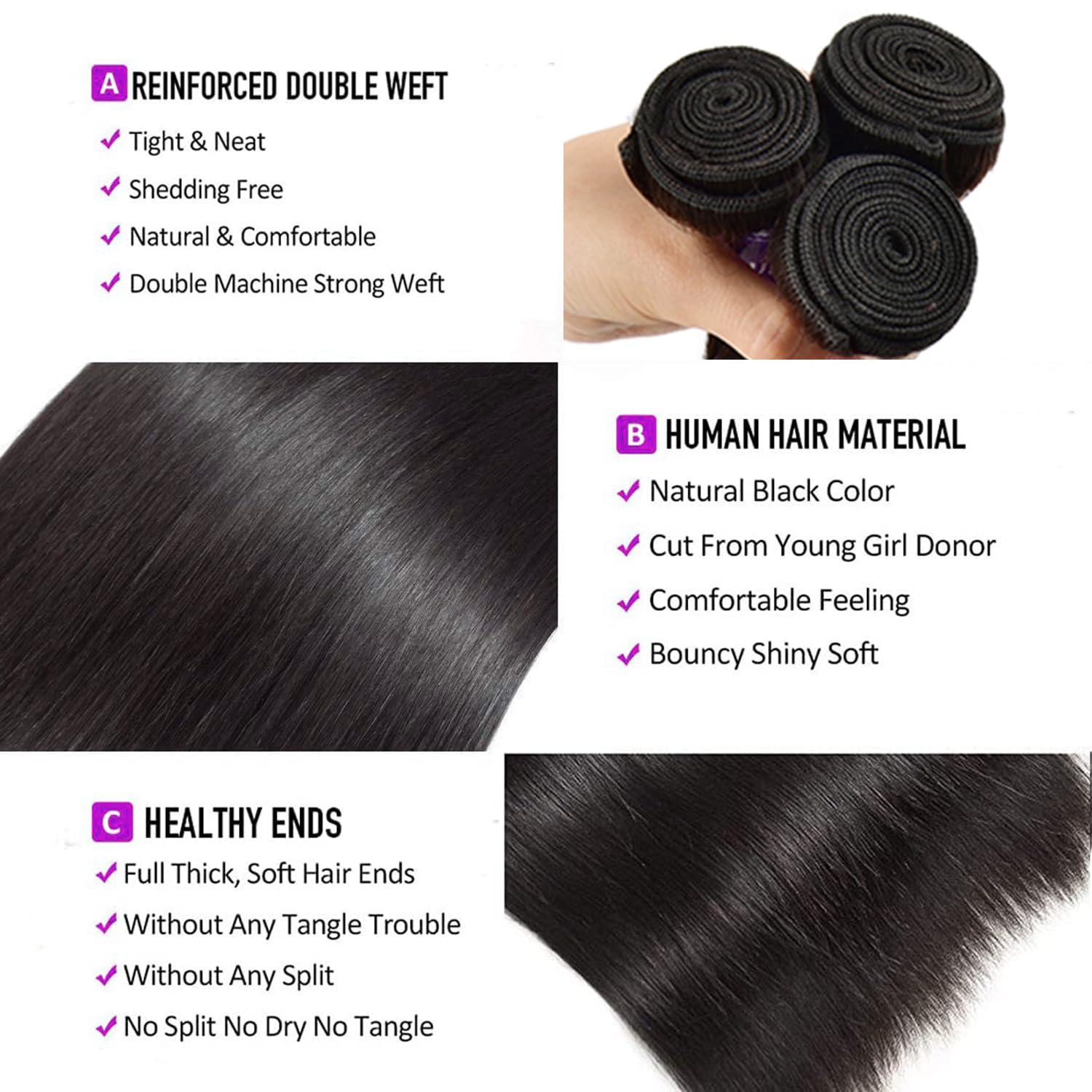 Sufeiya Hair Straight Human Hair Bundles With Closure For Black Women (24 26 28+20) Brazilian Human Hair Bundles With 4x4 Lace Closure Free Part 100% Unprocessed Weave 3 Bundles with Swiss Lace Closure