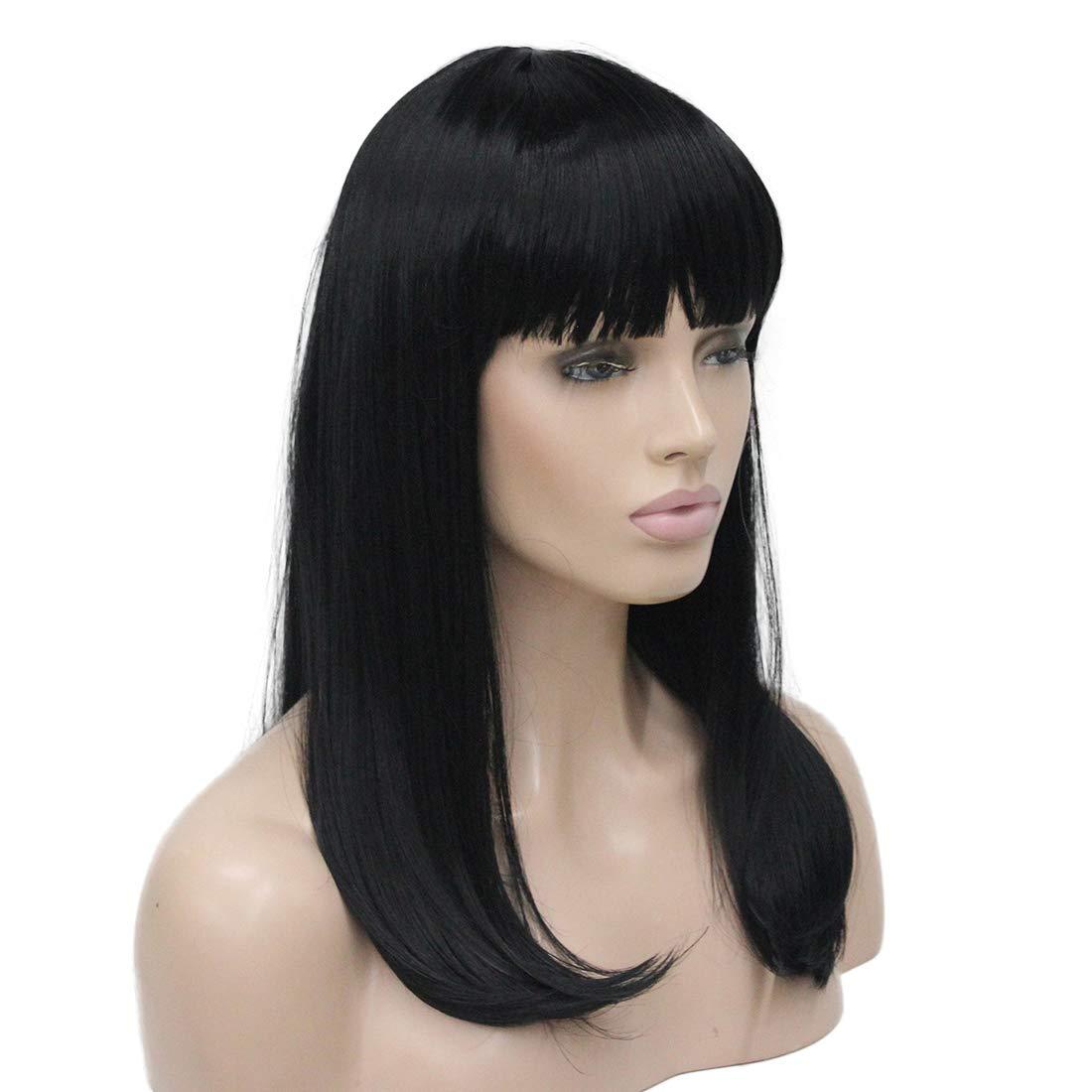 Lydell Lydell 14" Long Straight Wig Soft Heat Fiber Hair Cute Neat Bang Under Shoulder Full Wig (Black)