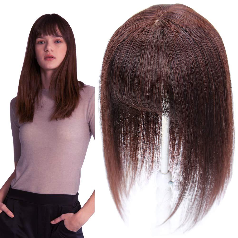 LesafeV Human Hair Piece with Wispy Bangs Smart Clip in Silk Base Topper Middle Parted 8x12cm/20cm, Black